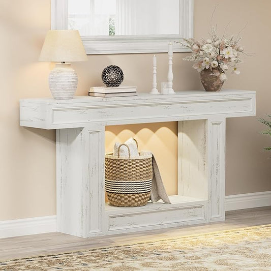 Rresyet 63" Console Table, 2-Tier Entryway Table with Sensor Lights, Coffee Table Behind The Sofa, with U-Shaped Base Suitable for Entryways, Living Rooms, Corridors, and Foyers(White)