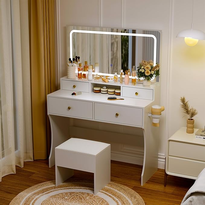 Pamapic Vanity Desk with Mirror and Lights,4 Drawers Golden Handles Makeup Vanity with Storage Stool,Power Outlet,3 Lighting Modes,Silent Slides