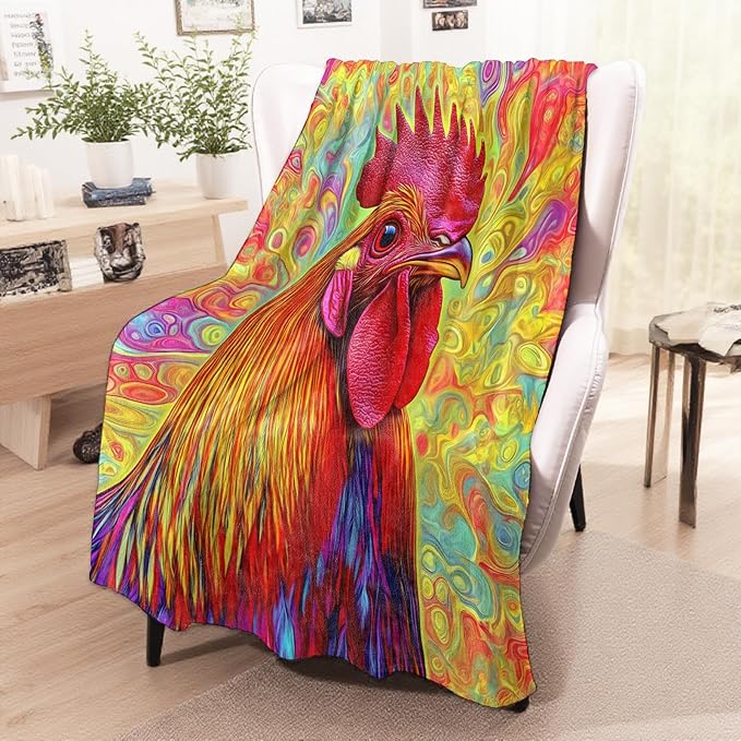 Colorful Rooster Blanket, Cozy Flannel Rainbow Swirls Chicken Throw Blanket for Couch Outdoor, Plush Soft Lightweight Travel Blankets for Bed Decor and Gifts, for Women Kids Adults 50"x60"