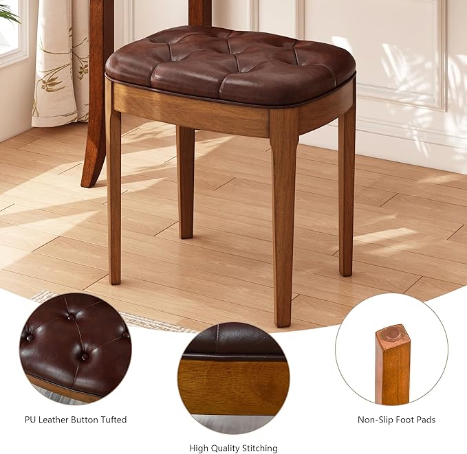 Solid Wood Button Tufted Vanity Stool, Ottoman Stool with Wood Legs & Padded Seat PU Leather Upholstered Piano Bench with Non-Slip Foot Pads Accent Chair for Bedroom Entryway, Wine Red