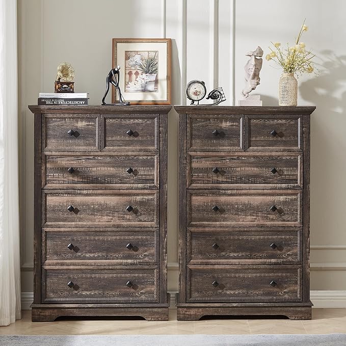 Farmhouse 6 Drawers Dresser Chests for Bedroom,Tall Chest of Drawers, Wood Dressers Organizer for Closet, Modern Storage Organizer Cabinet for Bedroom,Living Room,Hallway & Entryway,Dark Rustic Oak