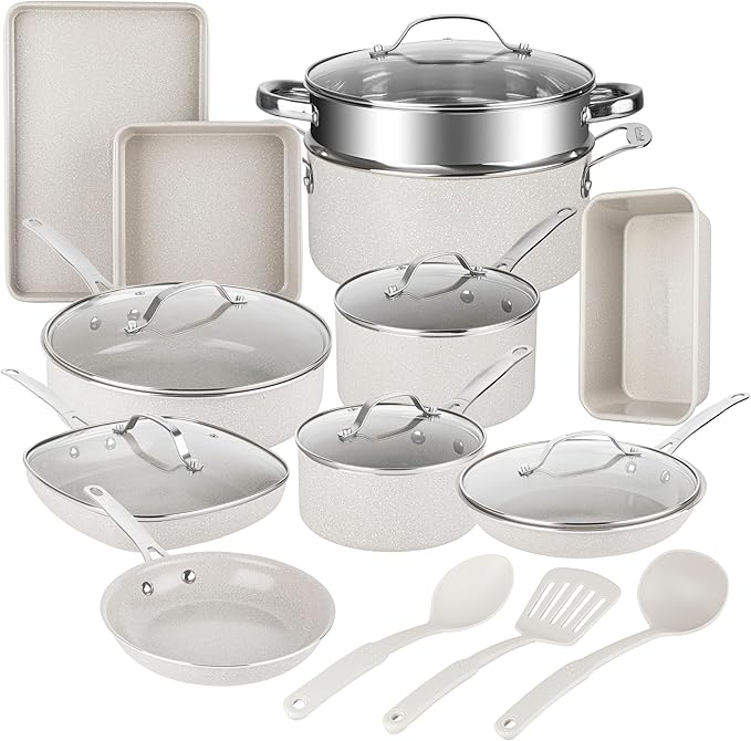 Granitestone 20 Pc Ceramic Cookware Set Nonstick, Complete Pots and Pans Set Non Stick for Kitchen with Bakeware, Cooking Utensils & Steamer, Non Toxic Made Without PFOA PFOS, Oven & Dishwasher Safe