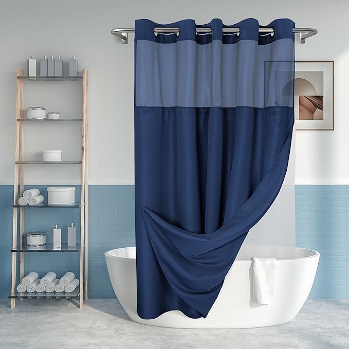 Long No Hook Slub Textured Shower Curtain with Snap-in PEVA Liner Set - 71" x 80"(78"), Hotel Style with See Through Top Window, Navy Blue Fabric Curtain & Waterproof Liner, Navy Blue, 71x80