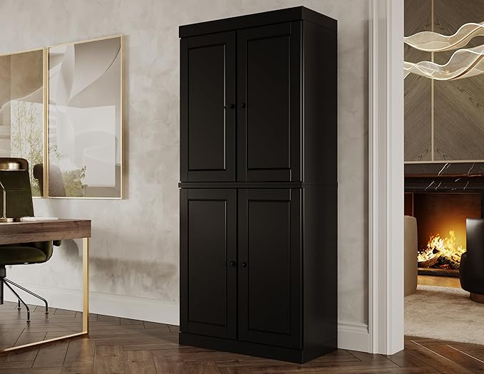 Palace Imports Solid Wood Bookcase - 6-Shelf Tall Bookshelf, 71.5” H x 32” W - Black, Wooden Cabinet Doors, Adjustable Shelves, 100% Renewable Eco-Friendly Wood, Made in Brazil