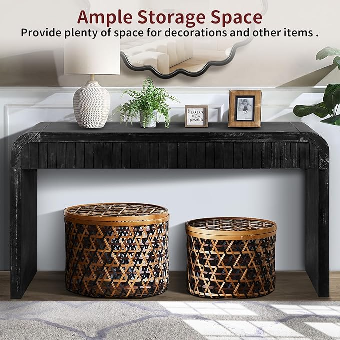 59" Wood Console Table for Entryway, Long Sofa Table Behind Couch Narrow Entryway Table with 2 Drawers Fluted Design for Living Room, Hallway, Foyer, Easy Assembly, Antique Black
