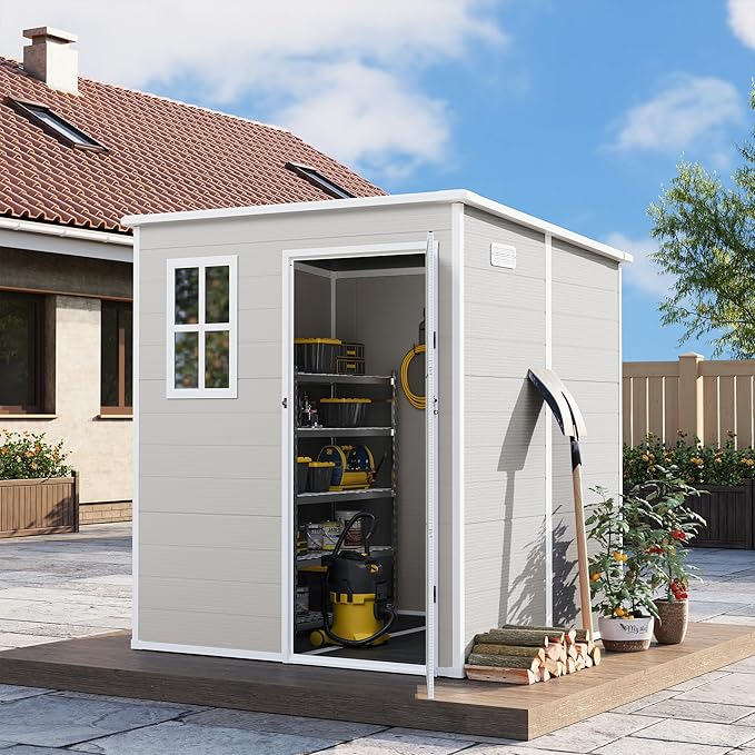 UDPATIO Outdoor Storage Shed 6 x 6 FT, Resin Garden Sheds Plastic Patio Outdoor Storage with Lockable Door for Tool, Bike, Sandstone