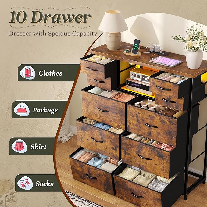 Dresser for Bedroom with Charging Station and LED and 10 Fabric Drawers, Sturdy Tall Chest of Drawers with 2 Open Storage Shelves Storage Tower for Closet, Hallway (Rustic Brown)