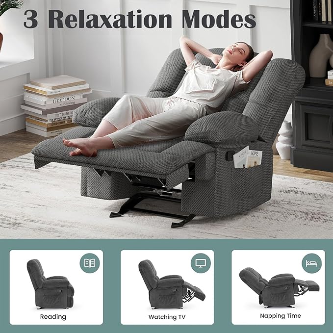 Oversized Rocker Recliner Chair, Wide Rocker Chair with Adjustable Backrest Footrest, Oversized Recliner for Adults, Cashmere Reclining Sofa for Living Room, Grey