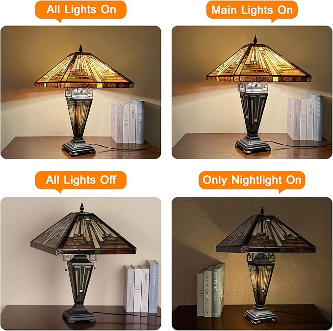 Capulina Tiffany Lamp Stained Glass Table Lamp, Mother-Daughter Vase 3-Light,16X16X24 Inches Amber Brown Mission Tiffany Style Desk Reading Lamp for Living Room Bedroom Study Home Office