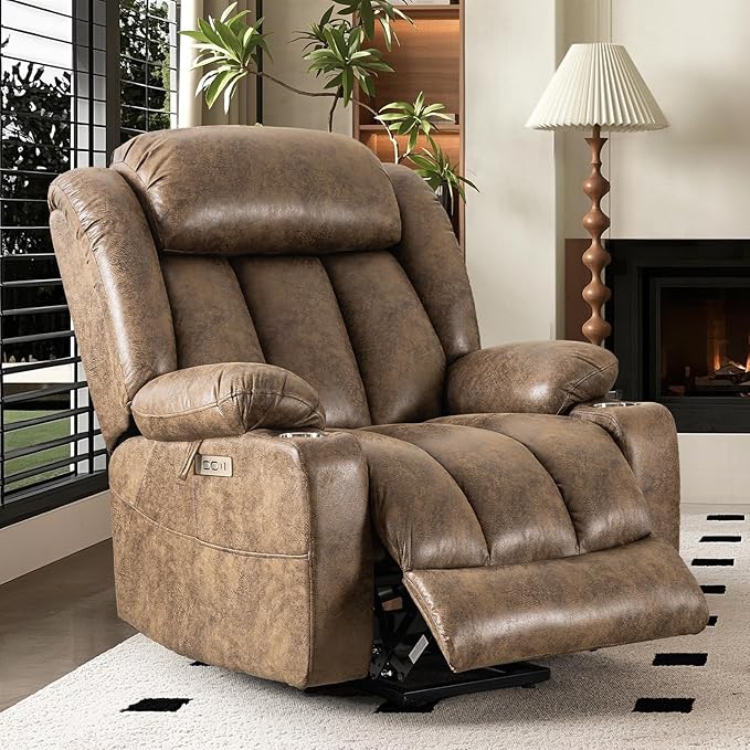 HUSFU Oversized Power Lift Recliner Chairs for Elderly with Massage and Heat, Extra Wide Recliners,Breathable Leather Lift Chairs w/Cup Holders, USB & Type-C Ports, Brown,1PC