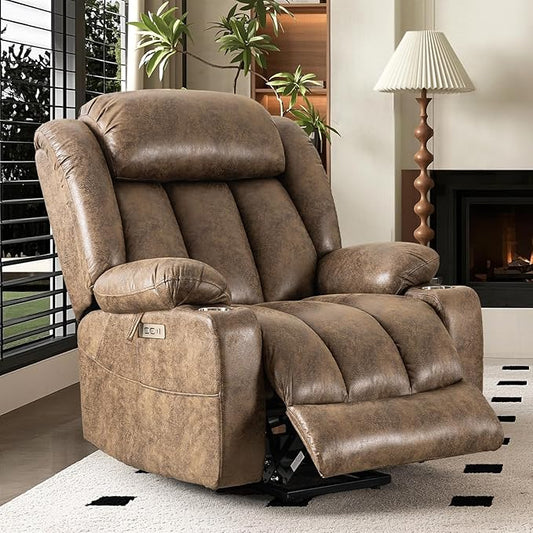 HUSFU Oversized Power Lift Recliner Chairs for Elderly with Massage and Heat, Extra Wide Recliners,Breathable Leather Lift Chairs w/Cup Holders, USB & Type-C Ports, Brown,1PC