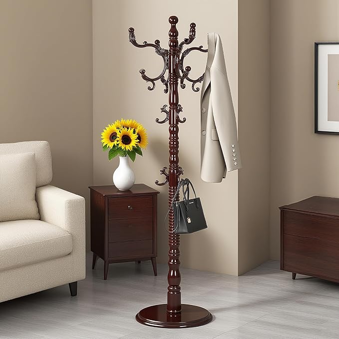73”Vintage Wooden Coat Rack Freestanding With 14 Hooks and Sturdy Round Base。3-level Adjustable Vintage Wooden Coat Rack.Coat Rack Stand for Living Room Bedroom Office (Mahogany)