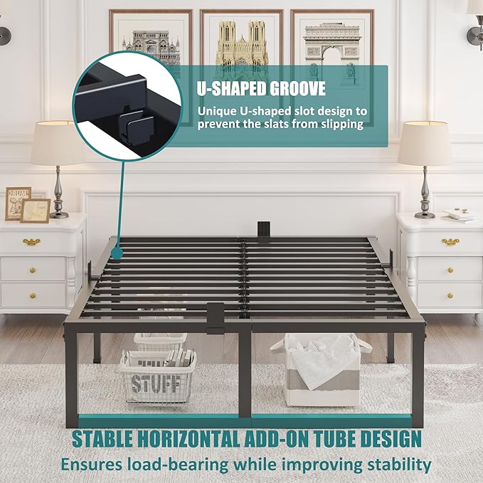 King Bed Frame, 18 Inch High 3500 lbs Metal Platform, Mattress Foundation with Steel Slat Support/No Box Spring Needed/Noise Free/Non-Slip/Easy Assembly