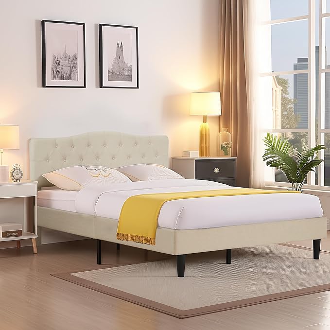 VECELO Full Size Platform Bed Frame with Fabric Upholstered Headboard and Wooden Slats Support, No Box Spring Needed/Easy Assembly,Beige
