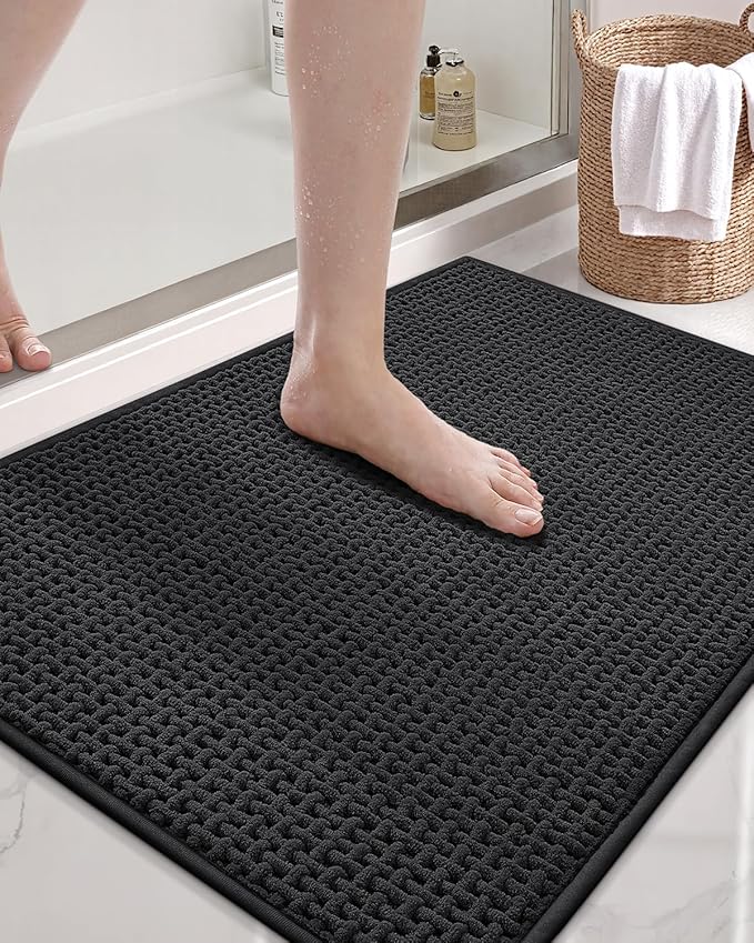 Color&Geometry Ultra Soft Chenille Bathroom Rugs Non Slip Rubber Backing, Machine Washable, Super Absorbent Floor Mat for Bathroom, Bathtub & Shower, Quick Dry Black Bath Mat, Standard Sized,17"x29.5"