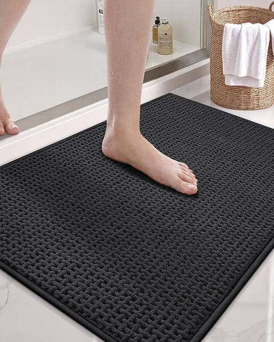 Color&Geometry Ultra Soft Chenille Bathroom Rugs Non Slip Rubber Backing, Machine Washable, Super Absorbent Floor Mat for Bathroom, Bathtub & Shower, Quick Dry Black Bath Mat, Standard Sized,17"x29.5"