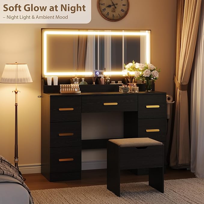 Garvee Vanity Desk with Large Mirror and Lights, 45.9In Makeup Vanity Desk, 3 Lighting Modes Adjustable Brightness, Vanity Table with Power Outlet &8 Drawers, for Powder Room and Bedroom