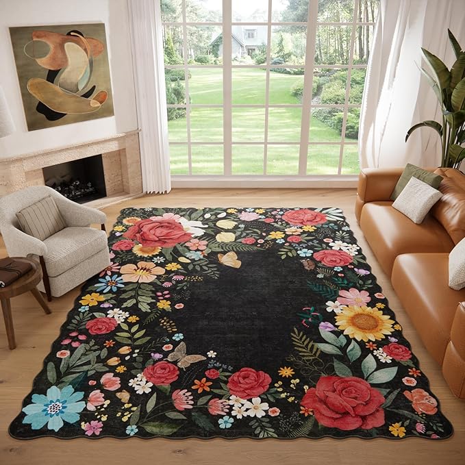 8'x10' Washable Rugs for Living Room, Soft Lightweight Non Slip Stain Resistant Dining Room Vintage Boho Floral Black Rug Easy Clean Throw Carpet for Bedroom