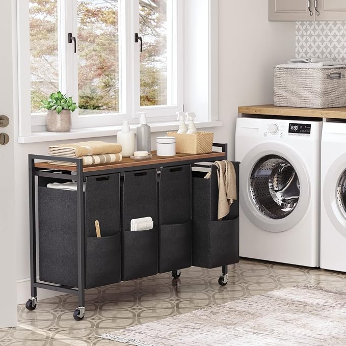HOOBRO Laundry Sorter 4 Sections, Laundry Hamper with Wheels, 4 × 10.5 Gal (40 L), Rolling Laundry Basket, Pull-Out and Removable Oxford Fabric Bags, Rustic Brown and Black BF04XY01