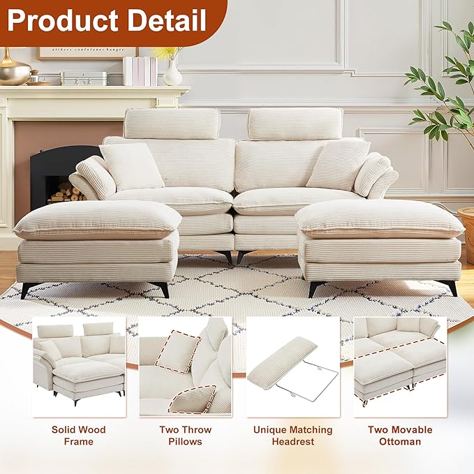 85.83" Sectional Couch, Cloud Couch with Two Movable Ottomans, Modular Sofa, Sectional Couches for Living Room and Office, Beige