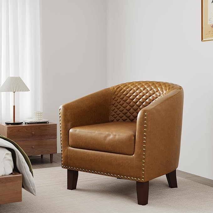 Accent Barrel Chair, Upholstered Faux Leather Club Chair with Nailed Trim, Comfy Reading Armchair for Living Room Bedroom Reception Room Office (Coffee, Set of 1)
