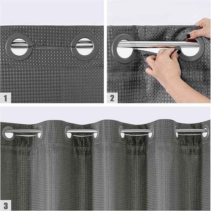 MitoVilla Grey Waffle Small Stall Shower Curtain 36 x 74, No Hooks Required Half Size Narrow Fabric Cloth Shower Curtain Set with Snap-in Liner for Modern Bathroom Decor, Charcoal Grey
