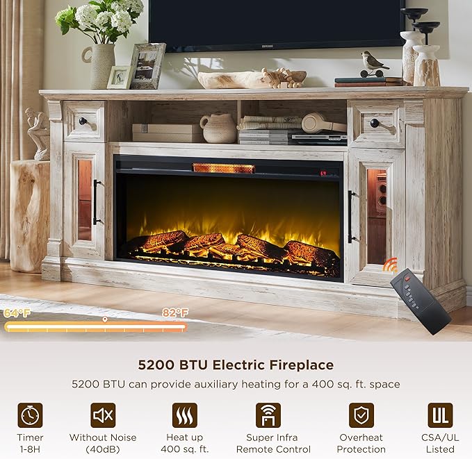 OKD Fireplace TV Stand for 80 Inch TV - Farmhouse Entertainment Center with 42" Electric Fireplace & LED Lights, Wood Media Console with Storage Drawers & Cabinets for Living Room, Antique Brush White