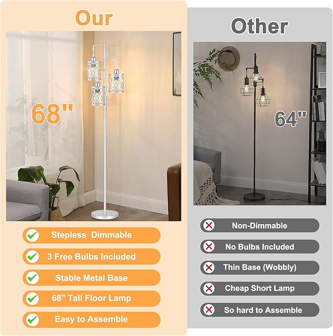 68" Farmhouse Floor lamp, Dimmable Industrial Floor Lamps for Living Room, 3 Light Rustic Standing Tall Lamp Including 3 PCS 6W Edison Bulbs, Tree Floor Lamp for Bedrooms Room, Office, Bar, Silver
