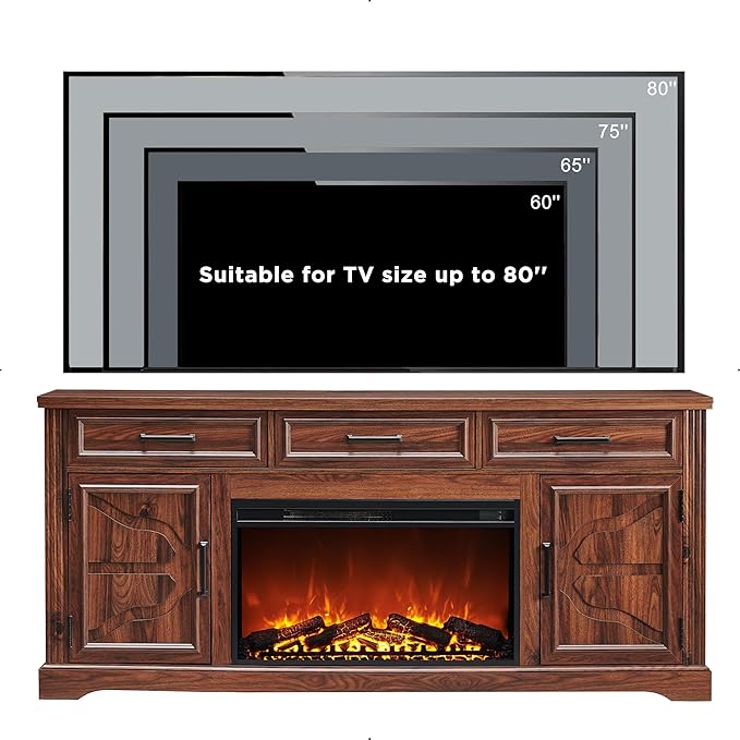 JXQTLINGMU Farmhouse TV Stand for Up to 80 Inch TV, Entertainment Center with Electric Fireplace, Storage Cabinet Drawer for Living Room (Brown)
