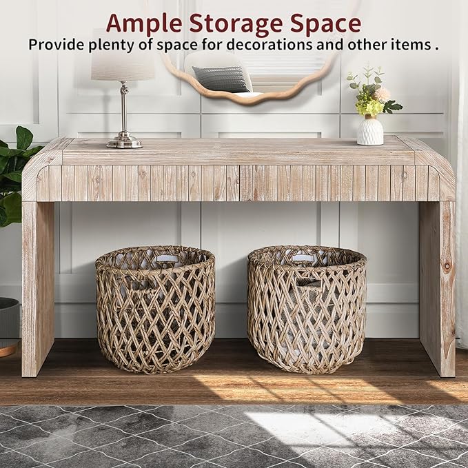 59" Wood Console Table for Entryway, Long Sofa Table Behind Couch Narrow Entryway Table with 2 Drawers Fluted Design for Living Room, Hallway, Foyer, Easy Assembly, Natural Wood