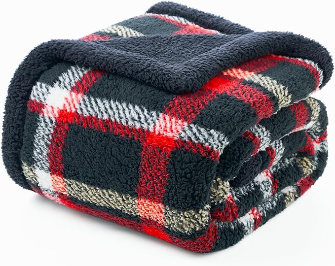 Cozy Bliss Ultra Soft Reversible Double Sherpa Sided Blanket, Buffalo Plaid Throw Blanket Fluffy Thick Warm Plush Fuzzy Blanket for Couch, Bed and Gifts (Scotland Plaid Red, 50" x 60")