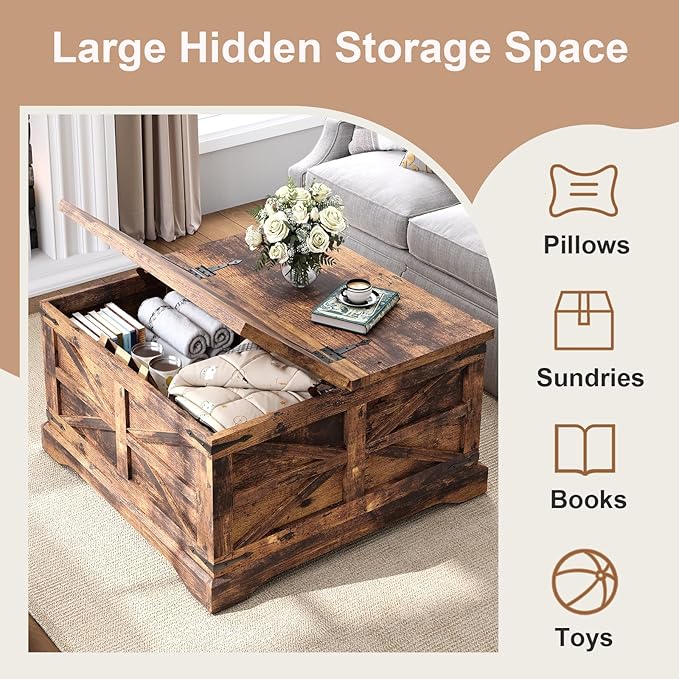 MXV Farmhouse Coffee Table with Storage, Square Coffee Tables for Living Room, Rustic Wood Center Table with Hinged Lifting Tabletop for Home, Brown