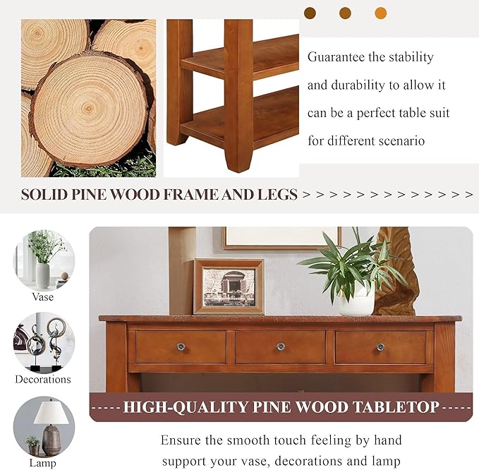 Knocbel Farmhouse Entryway Long Console Table with 3 Storage Drawers and 2 Lower Shelves, Entry Hallway Foyer Sofa Table with Handles