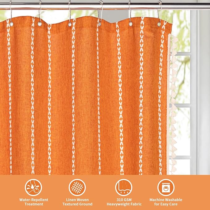 MitoVilla Orange Boho Fabric Shower Curtain, Modern Farmhouse Polyester Linen Shower Curtains for Vintage Rustic Bathroom Decor, Country Tassel Thick Cloth Shower Curtain, 72 x 72