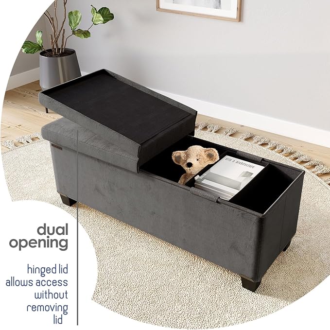 STORAGEBUD Storage Ottoman Bench with Bins, 43-in Storage Bench for Bedroom End of Bed, Folding Foot Rest Ottoman for Living Room Max 660lbs, Velvet Ottomans, Grey