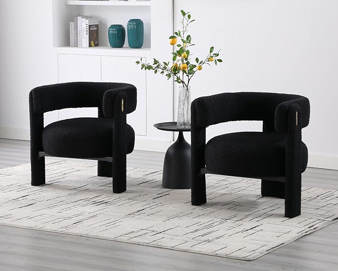 Black Boucle Barrel Accent Chair, Comfy Upholstered Living Room Chair Mid-Century Modern Reading Chair with Open Back Round Corner Side Sitting Lounge Armchair for Bedroom/Office
