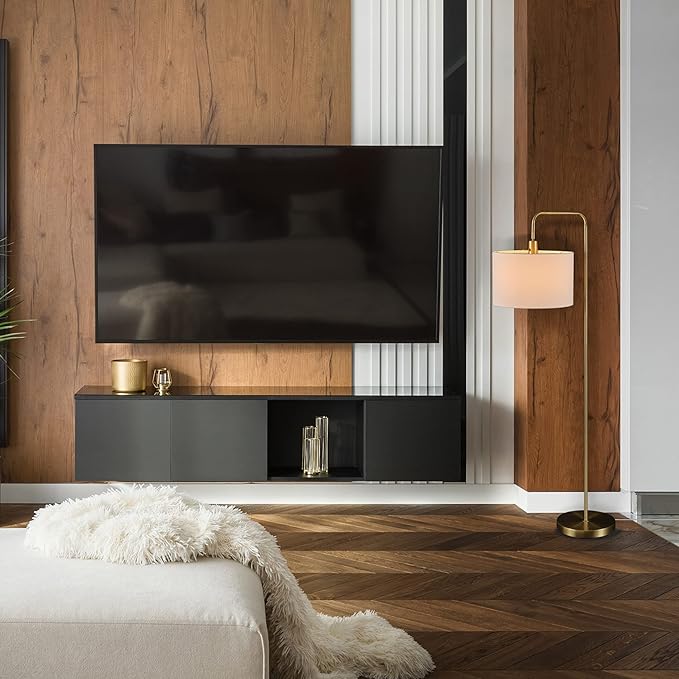 GLOBE Electric 61000021 58" Floor Lamp, Brass, White Linen Shade, On/Off Rotary Switch on Socket, Living Room Decor, Standing Lamps, Tall Lamp for Living-Room Corner