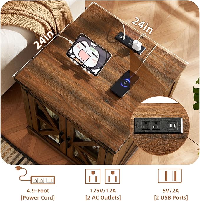 Farmhouse Coffee Table Sets 2 Pieces, Large End Side Tables with Charging Station and Coffee Table with Hidden Storage Compartment, Black Living Room Table Set, Wood Furniture Sets for Home Office