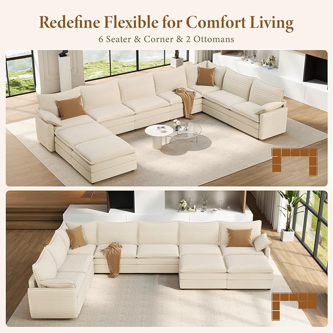 Vesgantti Large Modular Sectional Sofa, Big Comfy Cloud Couch with Ottoman Deep Seat Corduroy Cloud Sofa, 9 Seater Large Sectional Couches for Living Room, Bedroom and Apartment, Beige