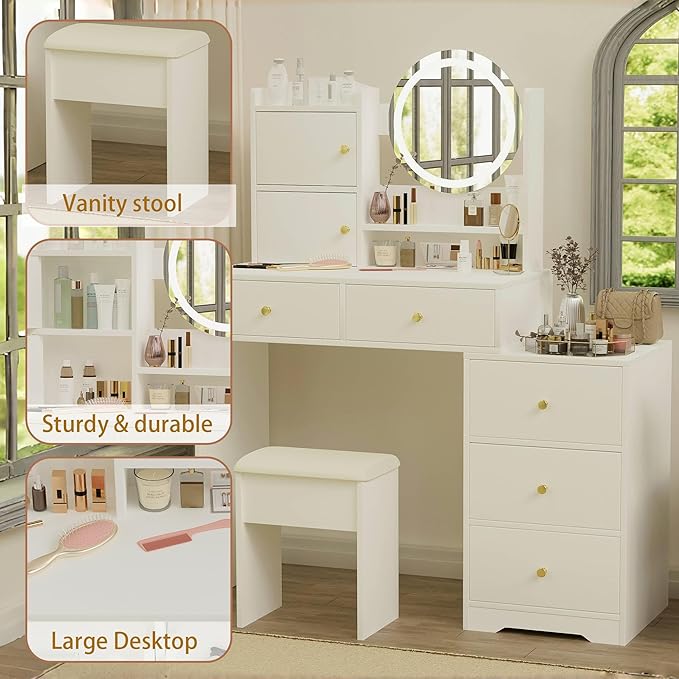 Makeup Vanity Desk with Mirror & LED Lights, Cushioned Chair, Vanity Table Set for Bedroom with 5 Storage Drawers, Stylish Dressing Table with 3 Color Lighting for Girls & Makeup Enthusiasts