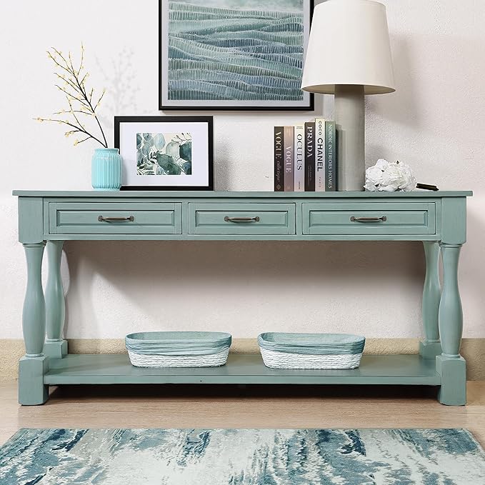 63inch Solid Wood Console Table with 3 Drawers and 1 Bottom Shelf Extra-Thick Sofa Table(Retro Blue)