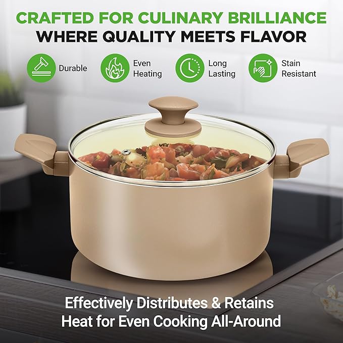 NutriChef 75-Piece Non-Stick Pots and Pans Set, Complete Ceramic Cookware Set with Bakeware, Utensils, Knife Set, & Accessories, Stain-Resistant, Food-Grade Safe, Cream/Brown