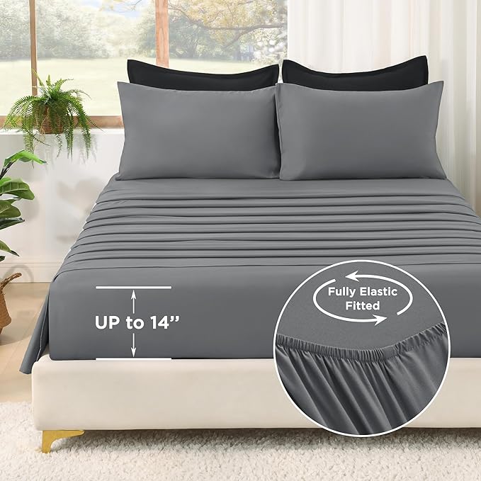 Litanika Comforter Queen Size Set Black Grey - 7 Pieces Bed in a Bag Queen Bedding Comforter Sets, Plain Lightweight Bed Set with Comforter, Sheets, Pillowcases & Shams