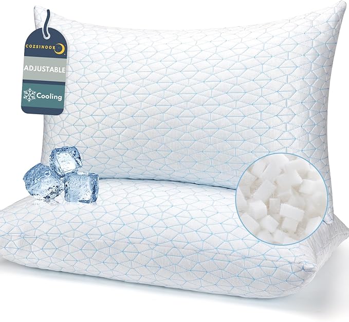COZSINOOR Adjustable Pillows King Size Set of 2 for Sleeping - Cooling Shredded Memory Foam Pillows 2 Pack, Cool Bed Pillows for Back, Side and Stomach Sleepers, Gel Pillow Removable Cover Washable