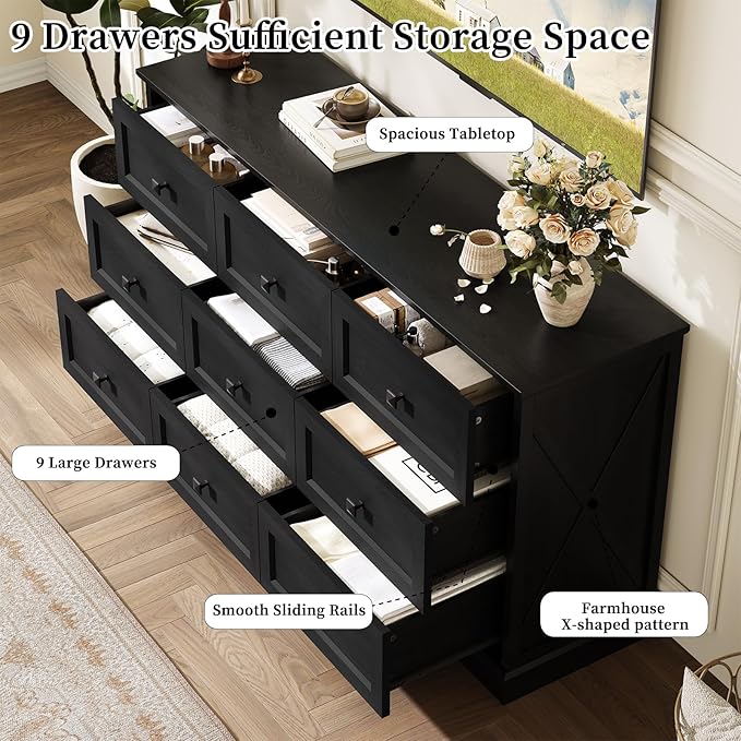Farmhouse 9 Drawers Dresser Chests for Bedroom, Black 9 Drawers TV Stand, Long Wood Dressers Organizer for Closet, Modern Storage Organizer Cabinet for Bedroom, Hallway & Entryway