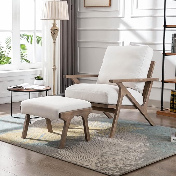 Wahson Mid Century Arm Chair and Ottoman Set, Upholstered Accent Armchair with Wood Frame and Linen Cushions, Leisure Slipper Chair for Living Room/Bedroom, Cream