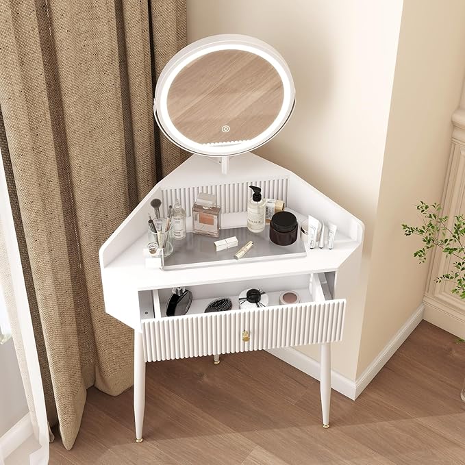 ARTETHYS Corner Vanity Desk with Retractable and Rotating Mirror and Lights Small Modern White Makeup Vanity Set with Glass Top for Women Compact Girls Dressing Table with Storage for Small Space
