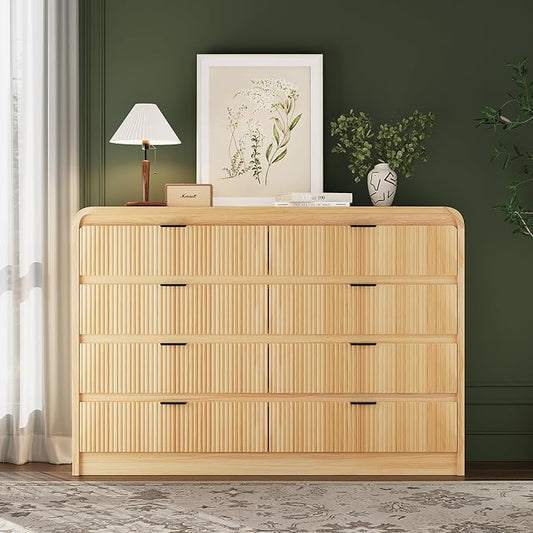 FURSUN Fluted 8 Drawers Dresser for Bedroom, 55" Wide Wooden Dresser with Metal Handle, Curved Profile Design, Modern Storage Organizer for Living Room, Hallway, Natural Oak