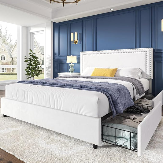 VECELO Queen Size Upholstered Platform Bed Frame with 4 Storage Drawers, Adjustable Velvet Rivet Decor Headboard, Wooden Slats Support, No Box Spring Needed, Easy Assembly