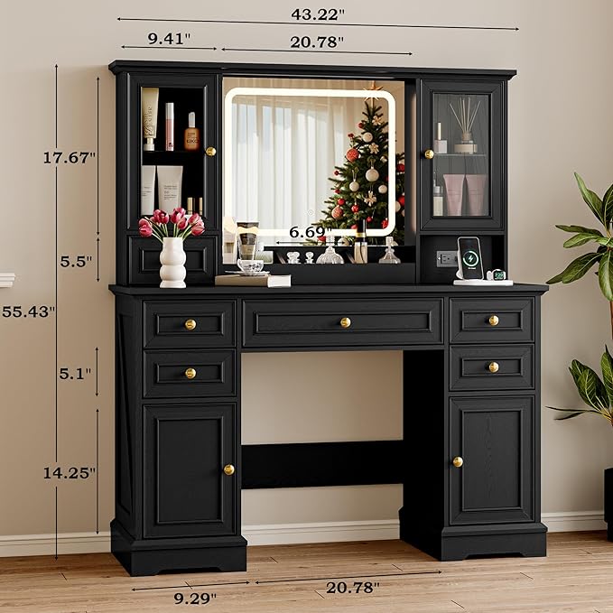 Vanity Desk with Lights, Large LED Mirror with 3 Color Modes, Makeup Vanity with Power Outlet & USB Ports, 6 Drawers & 2 RGB Glass Cabinets, Farmhouse Dressing Table for Women & Girls (Black)